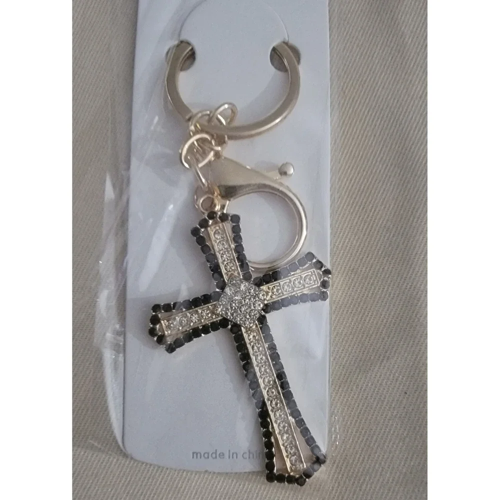 Rhinestone Cross Keychains Gold Tone Black Clear Crystal Gothic NWT 7.00 Each‎